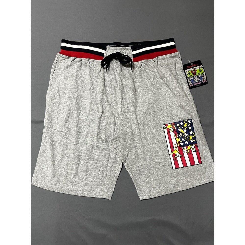 Keith Haring Heather Gray Jersey Shorts Drawstring Pockets Andy Mouse Graphic